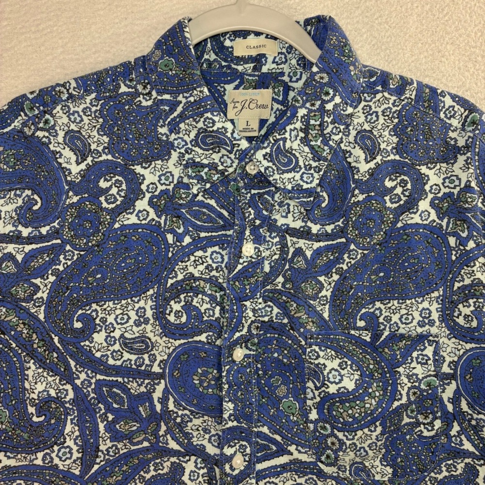 J Crew Linen Button Shirt Men‎ L Blue Paisley AOP Summer Beach Vacation Short
